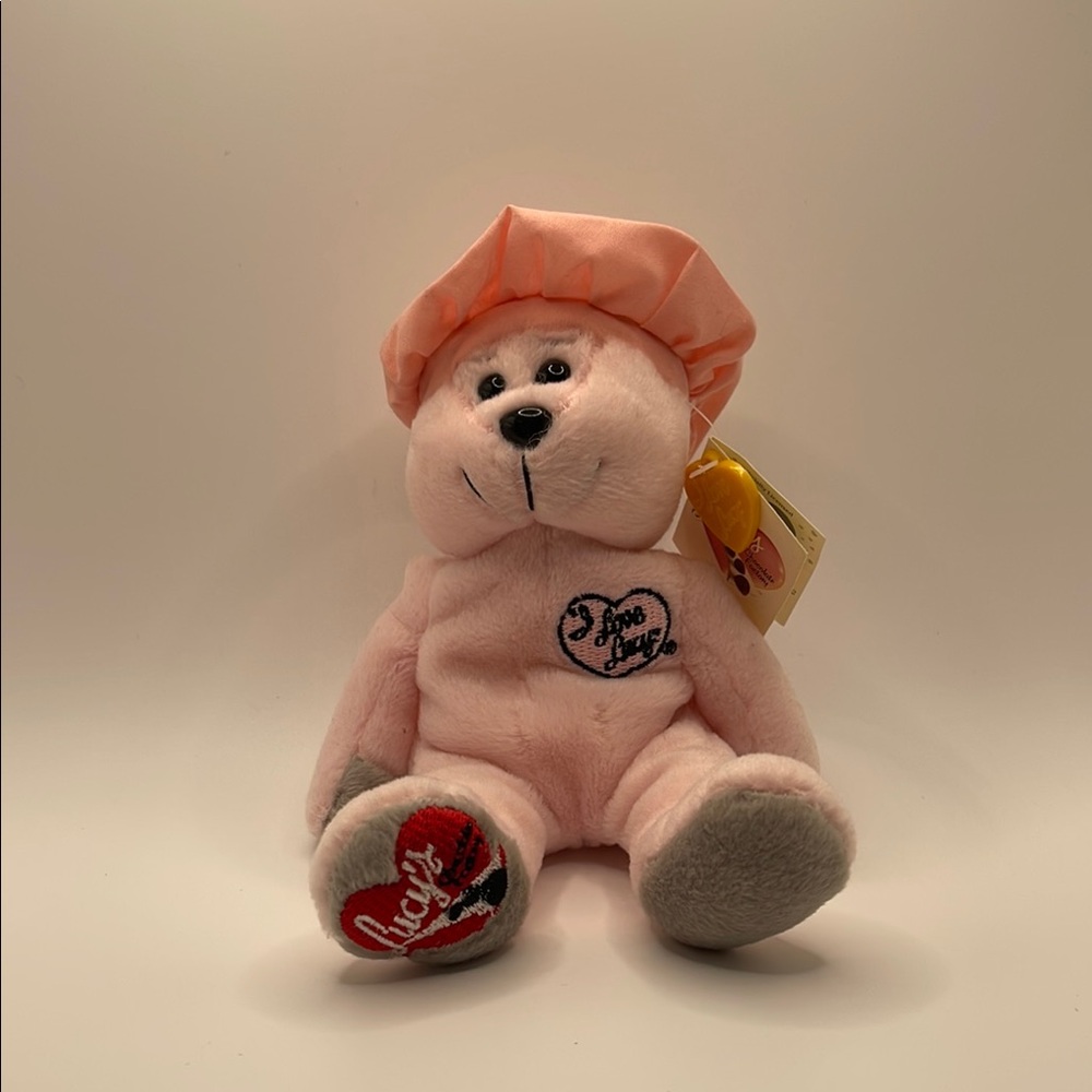 I ❤️ Lucy Charming Pink and Gray Plush Bear with Decorative Patches